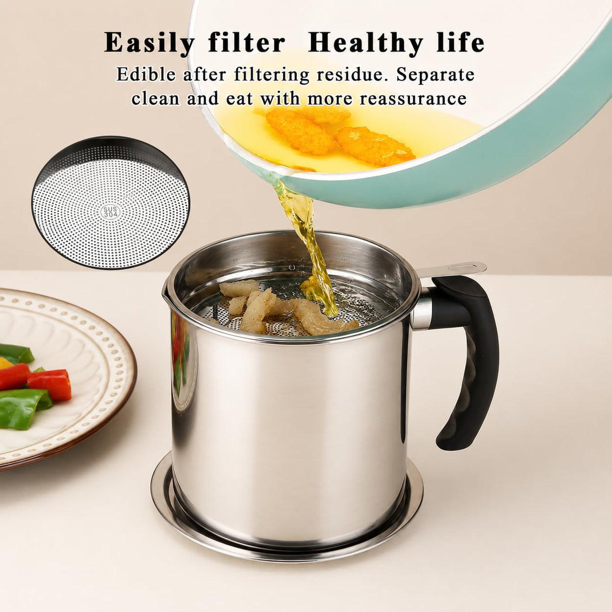 Stainless Steel Oil Strainer Pot with Fine Mesh Filter
