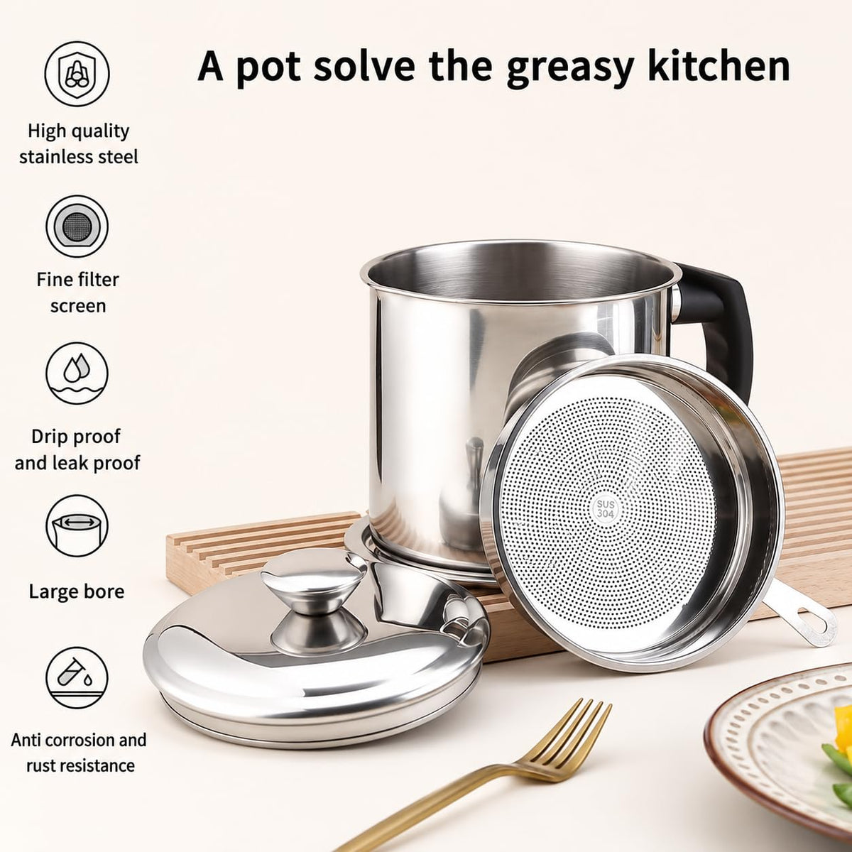 Stainless Steel Oil Strainer Pot with Fine Mesh Filter